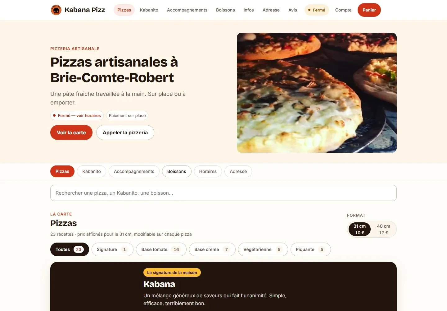 Page d’accueil du site de Kabana Pizz