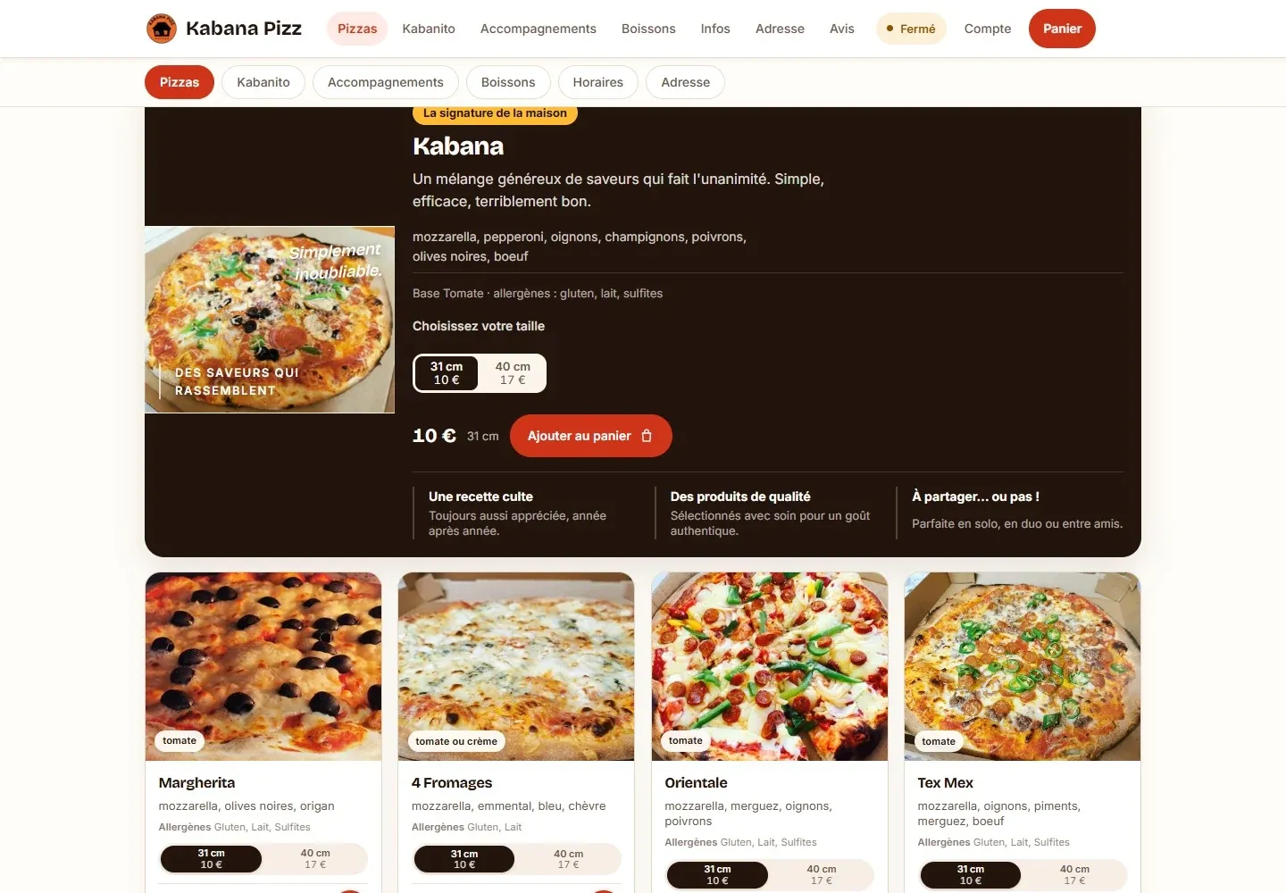 La carte de Kabana Pizz, classée par catégories